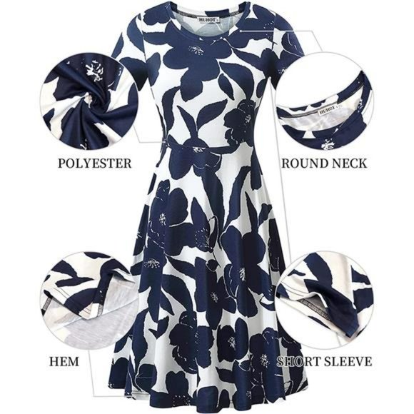 Women Casual Summer Short Sleeve Round Neck Floral Skater Dress with Pockets - Picture 3 of 6